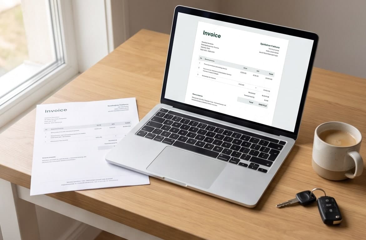 Biurko małej firmy: otwarty laptop z potwierdzoną fakturą, wydrukowana instrukcja, kubek i kluczyki.